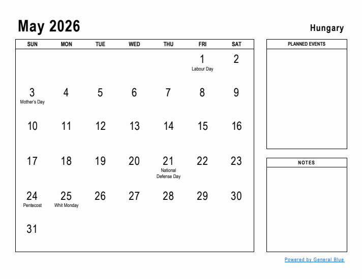 May 2026 Printable Monthly Calendar with Hungary Holidays