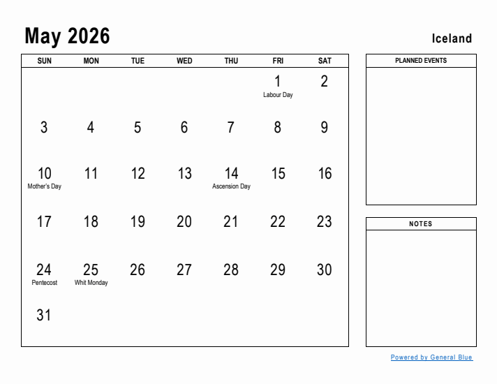 May 2026 Printable Monthly Calendar with Iceland Holidays