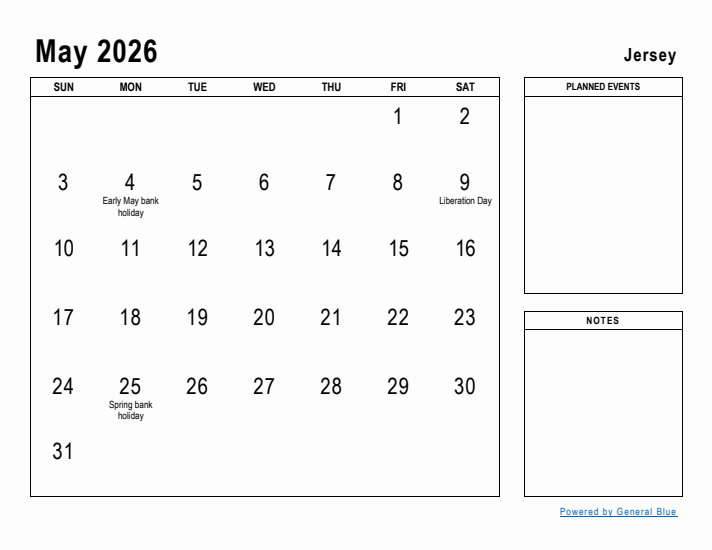 May 2026 Printable Monthly Calendar with Jersey Holidays