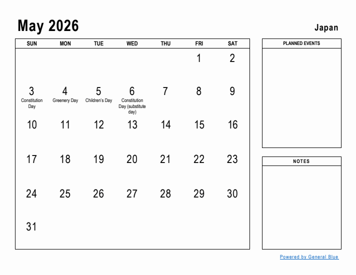 May 2026 Printable Monthly Calendar with Japan Holidays