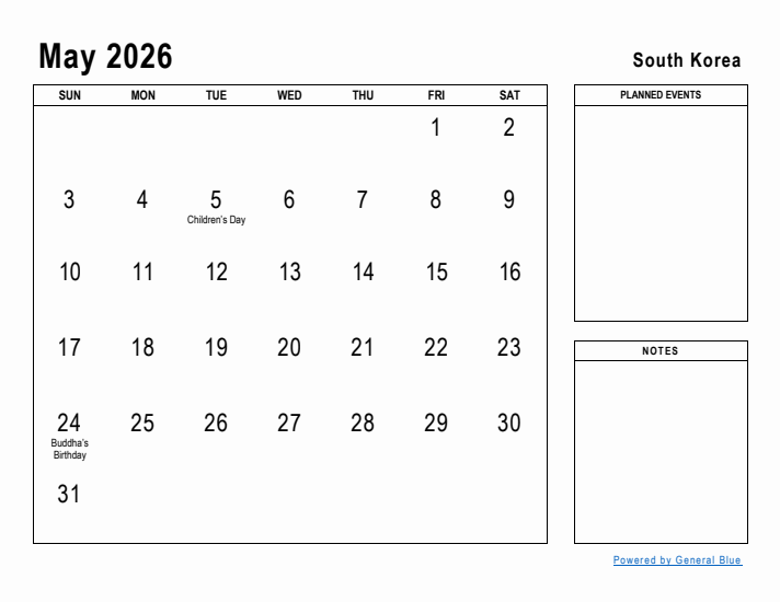 May 2026 Printable Monthly Calendar with South Korea Holidays