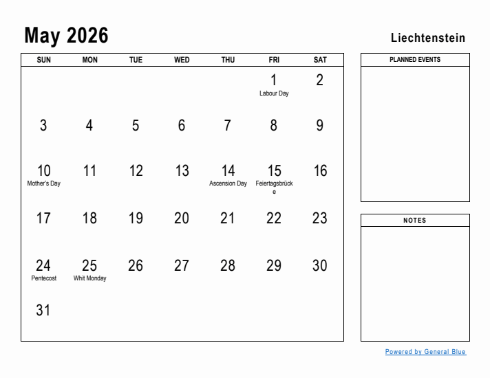 May 2026 Printable Monthly Calendar with Liechtenstein Holidays