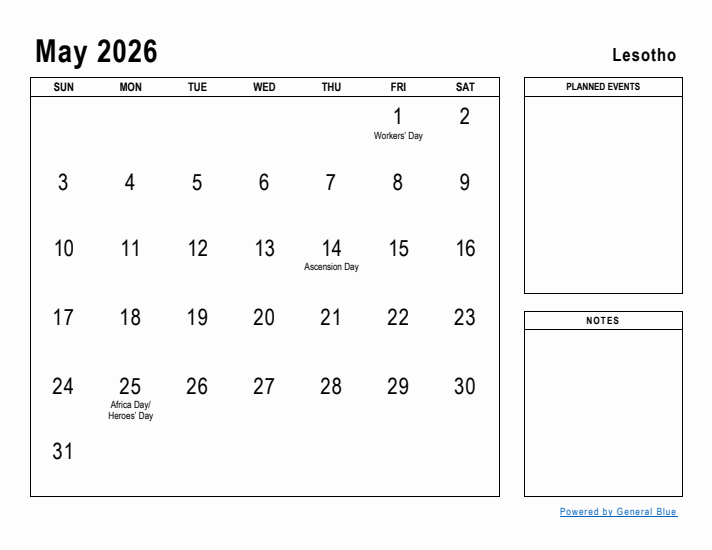 May 2026 Printable Monthly Calendar with Lesotho Holidays