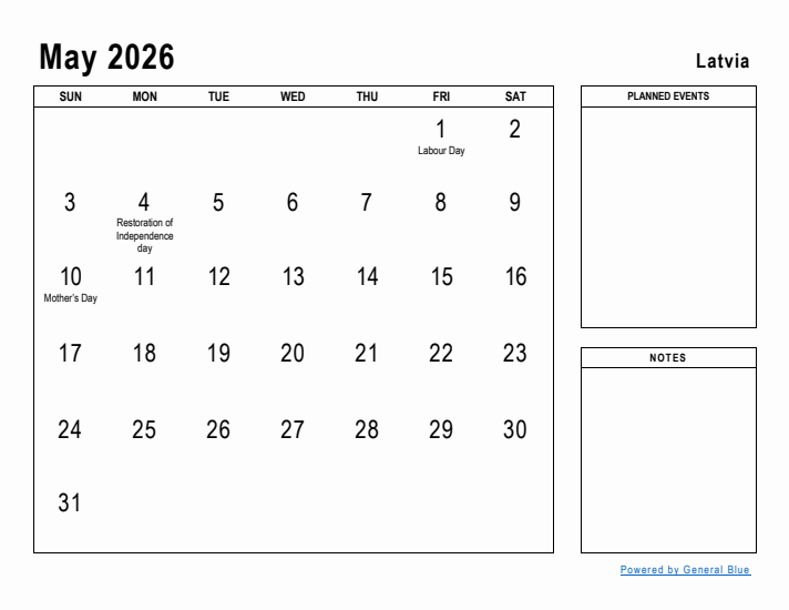 May 2026 Printable Monthly Calendar with Latvia Holidays