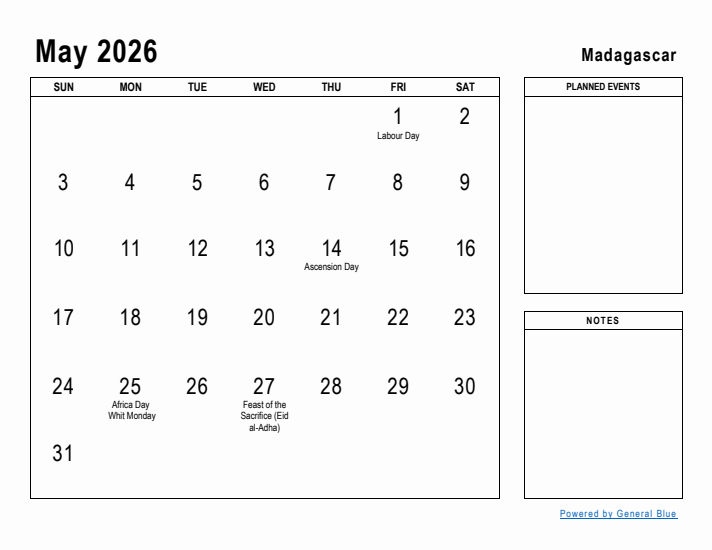 May 2026 Printable Monthly Calendar with Madagascar Holidays