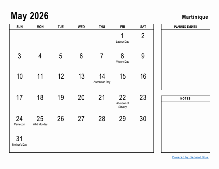 May 2026 Printable Monthly Calendar with Martinique Holidays