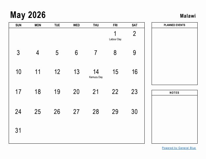 May 2026 Printable Monthly Calendar with Malawi Holidays