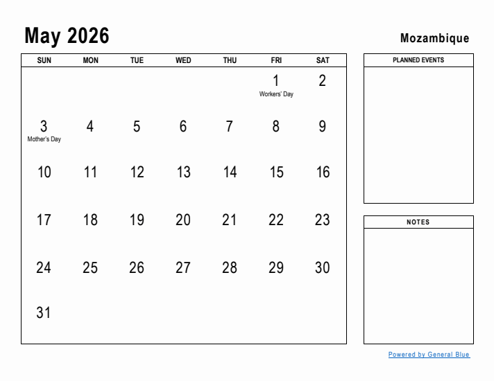 May 2026 Printable Monthly Calendar with Mozambique Holidays