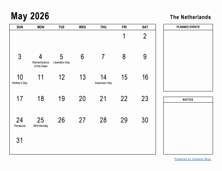 May 2026 Printable Monthly Calendar with The Netherlands Holidays