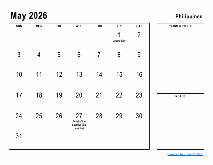 May 2026 Printable Monthly Calendar with Philippines Holidays