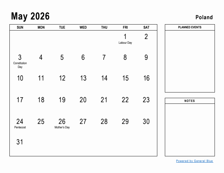 May 2026 Printable Monthly Calendar with Poland Holidays