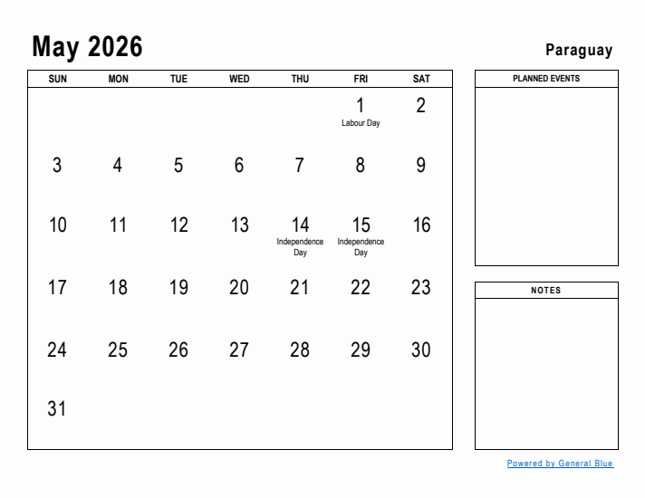 May 2026 Printable Monthly Calendar with Paraguay Holidays