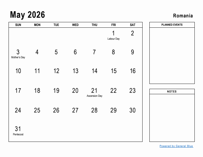 May 2026 Printable Monthly Calendar with Romania Holidays