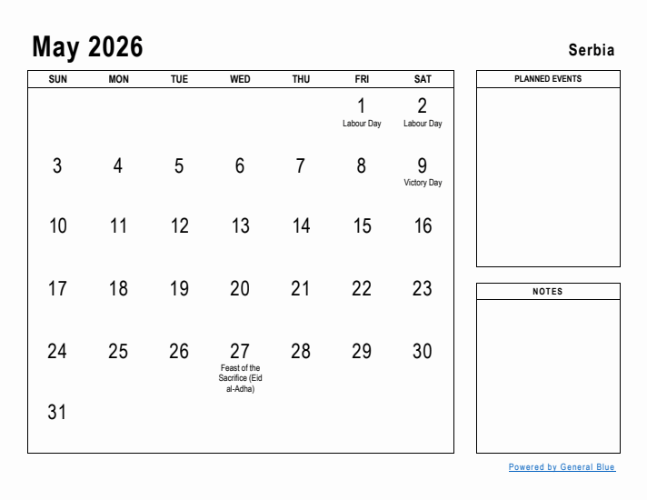 May 2026 Printable Monthly Calendar with Serbia Holidays