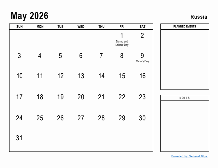 May 2026 Printable Monthly Calendar with Russia Holidays