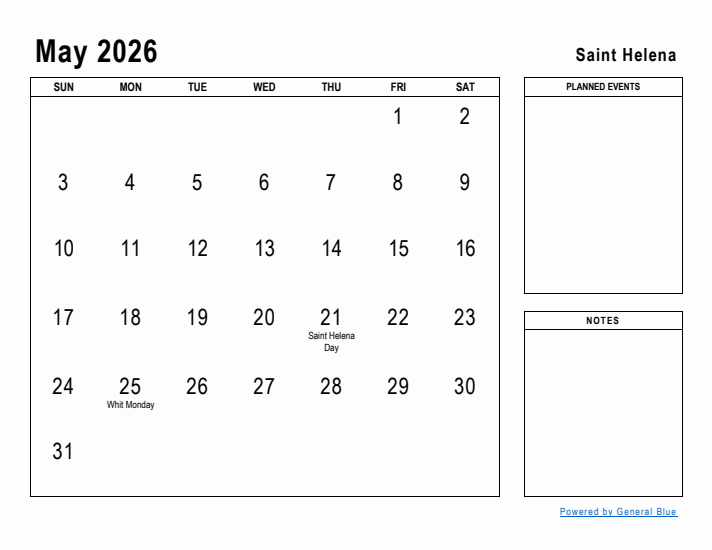 May 2026 Printable Monthly Calendar with Saint Helena Holidays