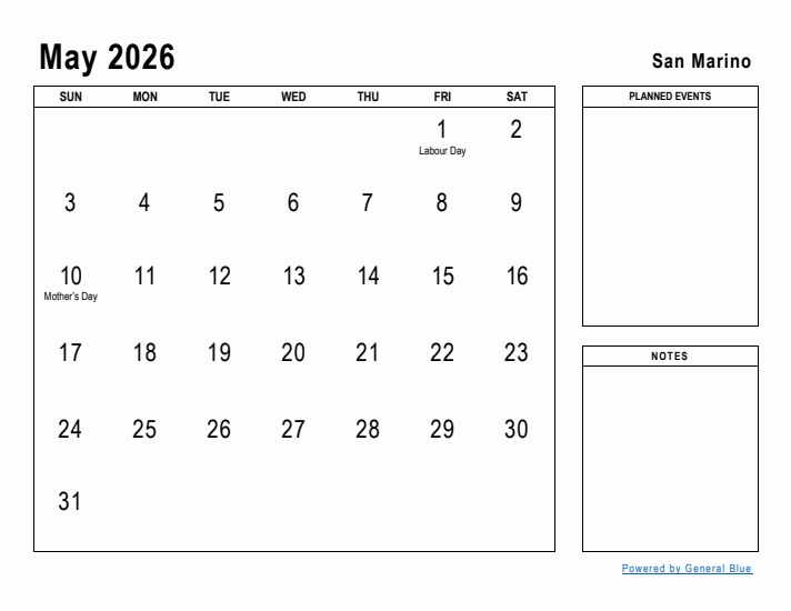 May 2026 Printable Monthly Calendar with San Marino Holidays