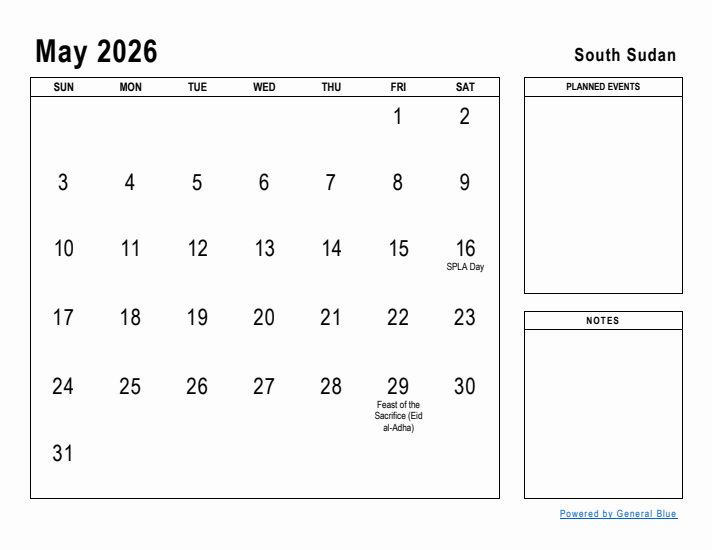 May 2026 Printable Monthly Calendar with South Sudan Holidays