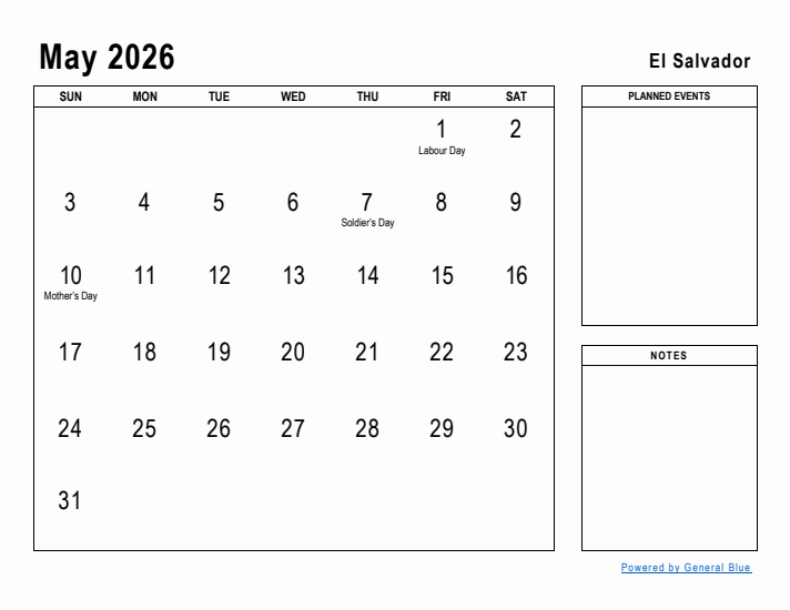 May 2026 Printable Monthly Calendar with El Salvador Holidays