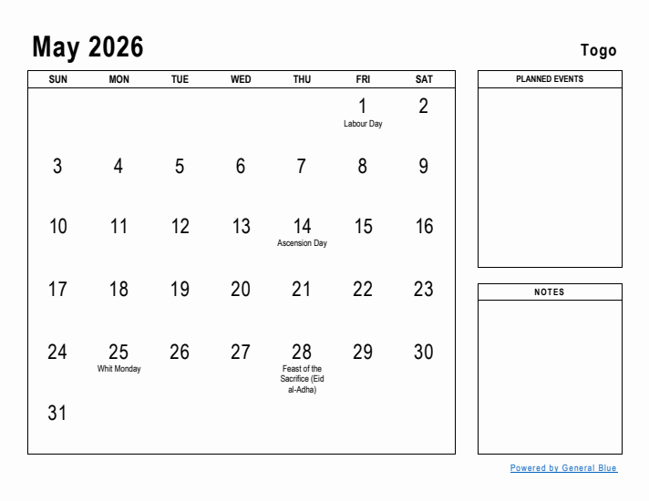 May 2026 Printable Monthly Calendar with Togo Holidays