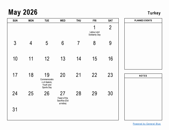 May 2026 Printable Monthly Calendar with Turkey Holidays