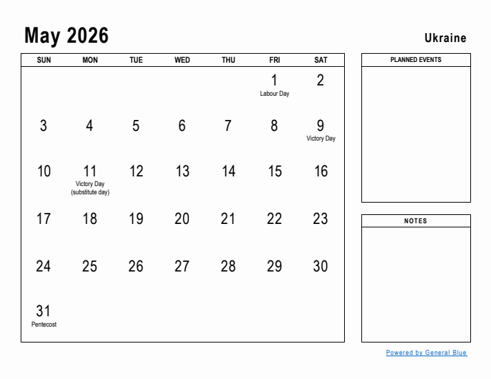 May 2026 Printable Monthly Calendar with Ukraine Holidays