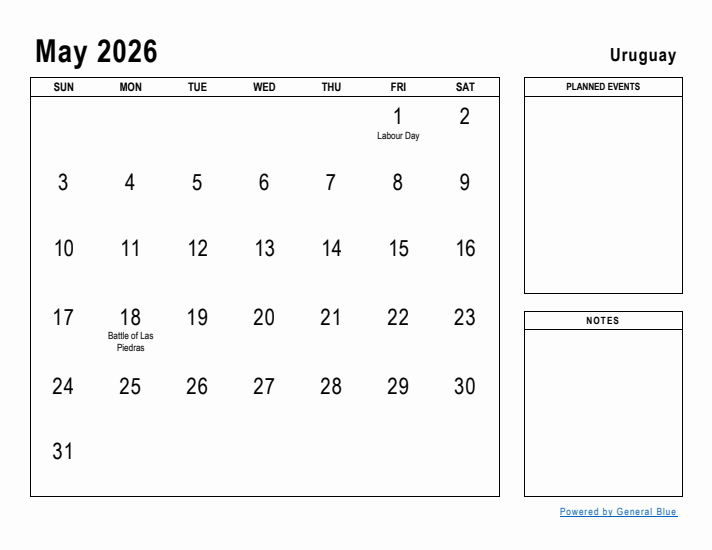 May 2026 Printable Monthly Calendar with Uruguay Holidays