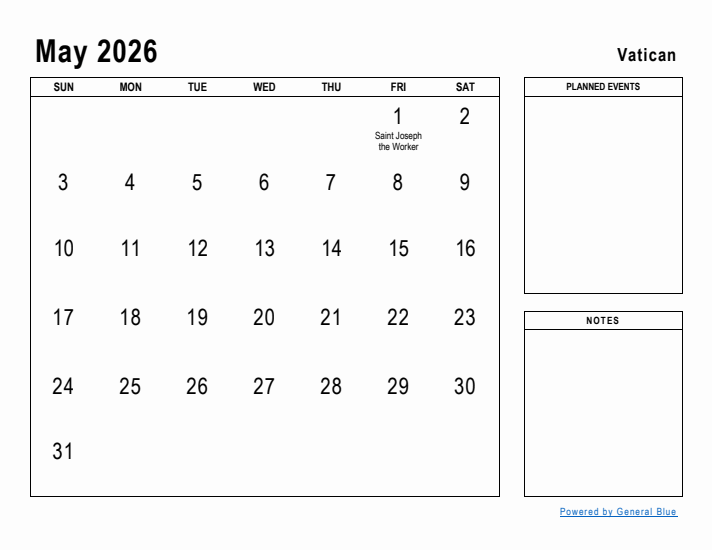 May 2026 Printable Monthly Calendar with Vatican Holidays