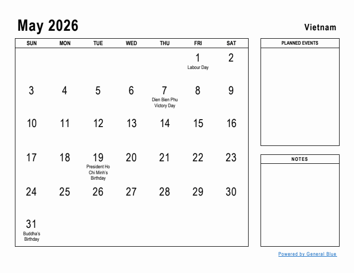 May 2026 Printable Monthly Calendar with Vietnam Holidays