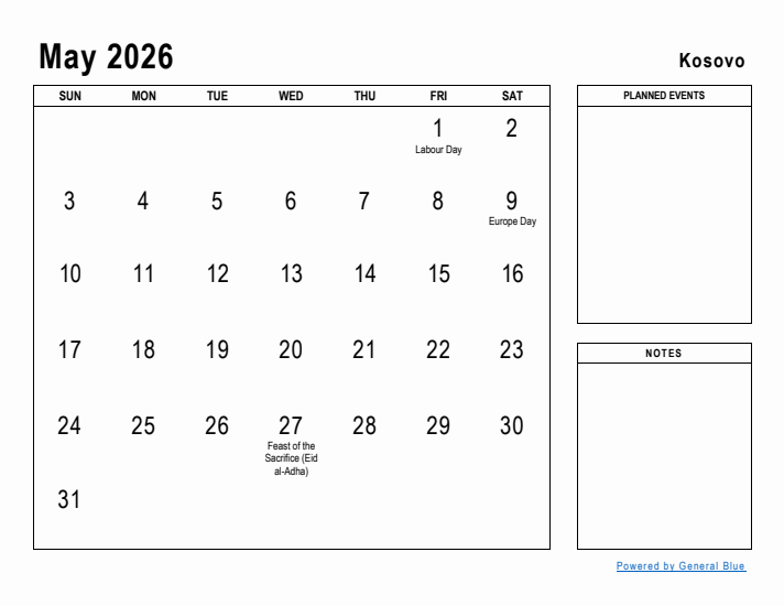 May 2026 Printable Monthly Calendar with Kosovo Holidays