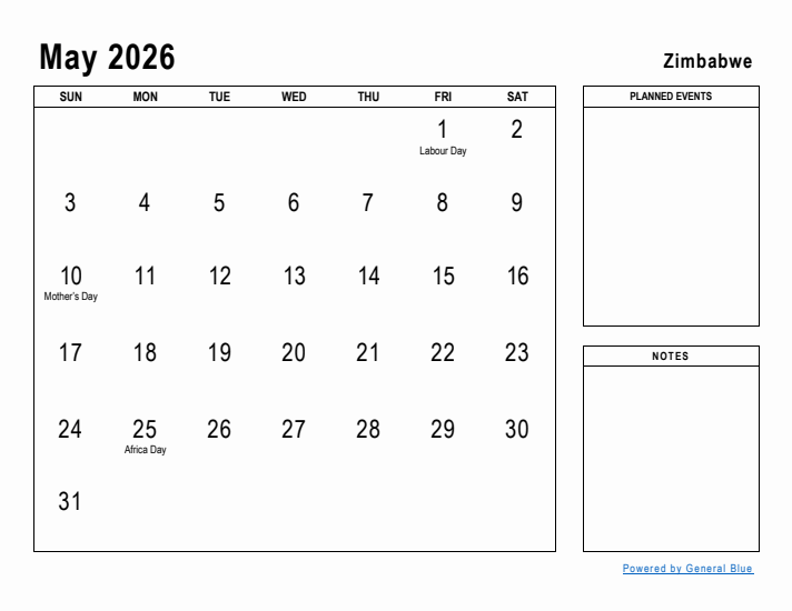 May 2026 Printable Monthly Calendar with Zimbabwe Holidays