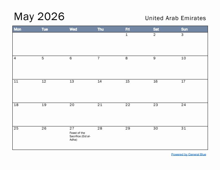 May 2026 Simple Monthly Calendar for United Arab Emirates