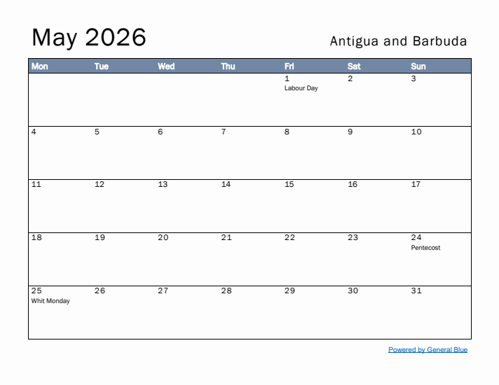 May 2026 Simple Monthly Calendar for Antigua and Barbuda