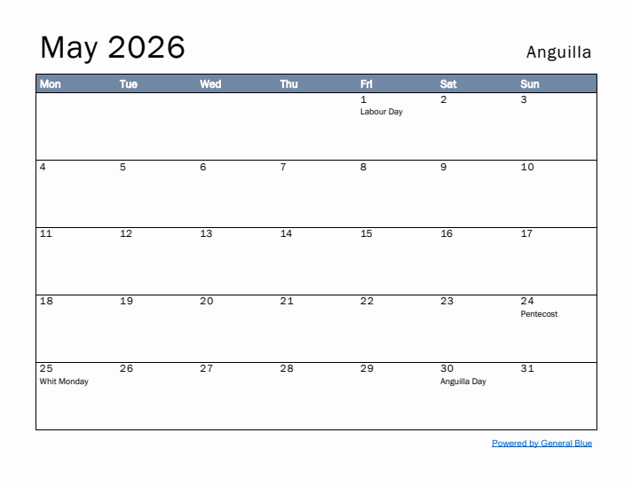 May 2026 Simple Monthly Calendar for Anguilla