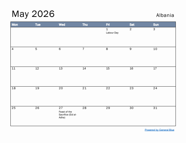 May 2026 Simple Monthly Calendar for Albania