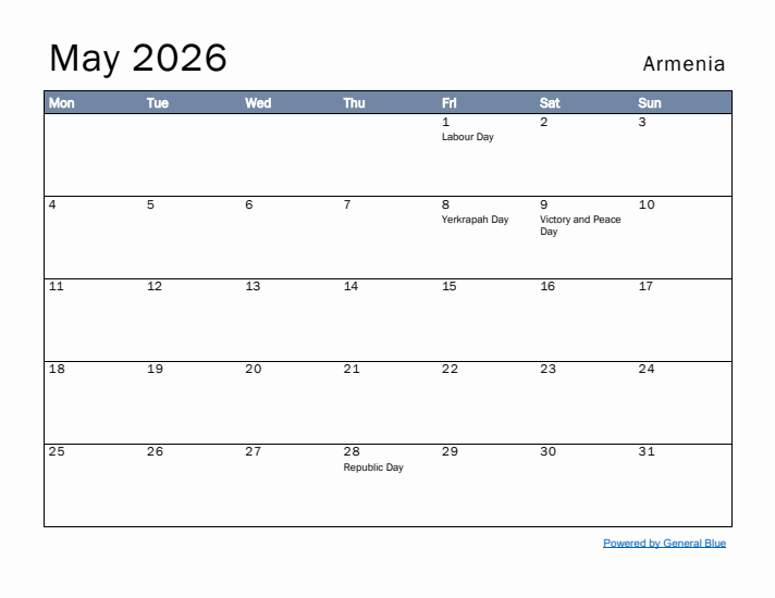 May 2026 Simple Monthly Calendar for Armenia