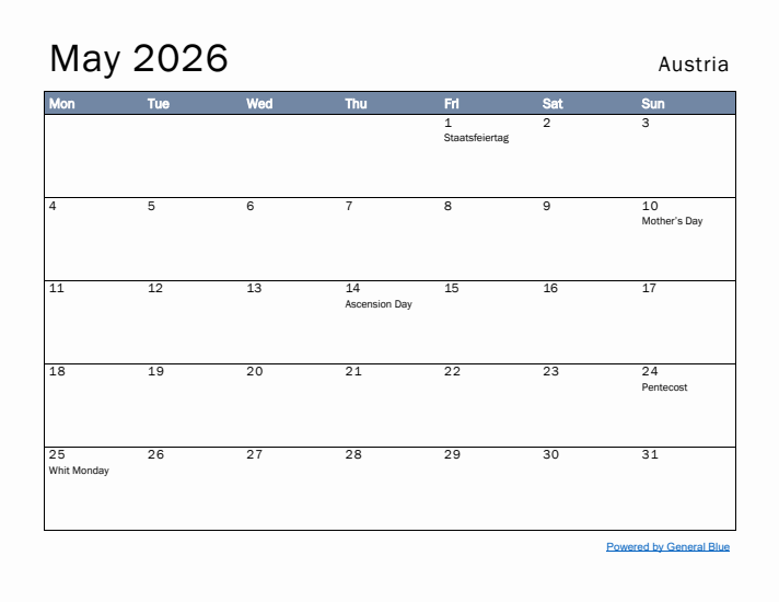 May 2026 Simple Monthly Calendar for Austria