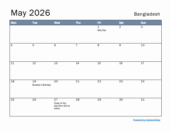 May 2026 Simple Monthly Calendar for Bangladesh