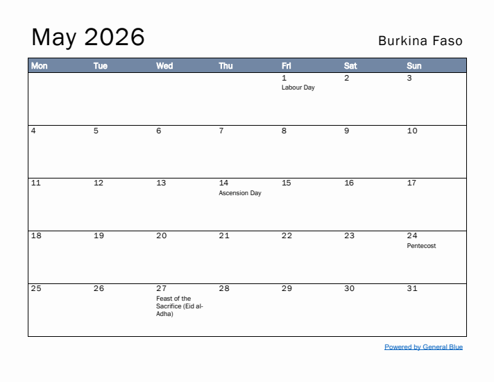 May 2026 Simple Monthly Calendar for Burkina Faso