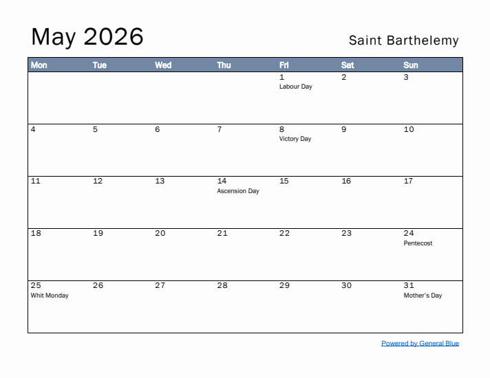 May 2026 Simple Monthly Calendar for Saint Barthelemy