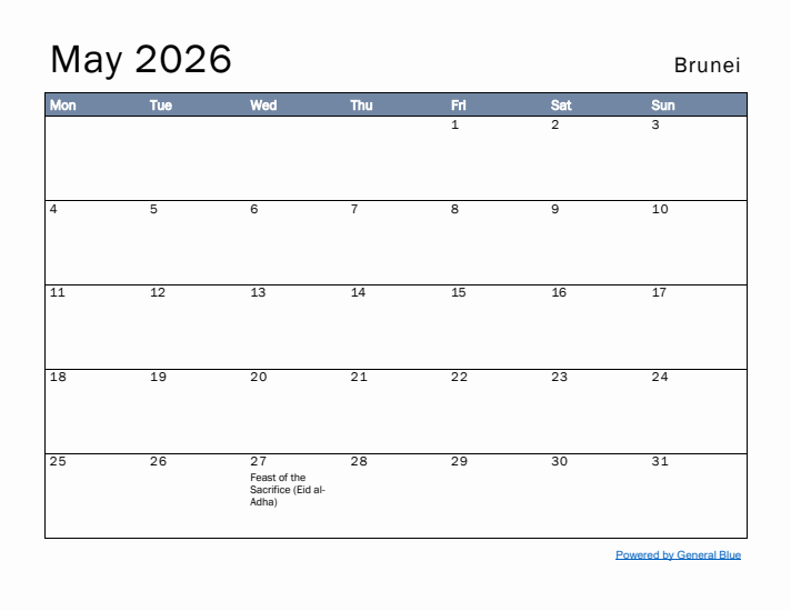 May 2026 Simple Monthly Calendar for Brunei