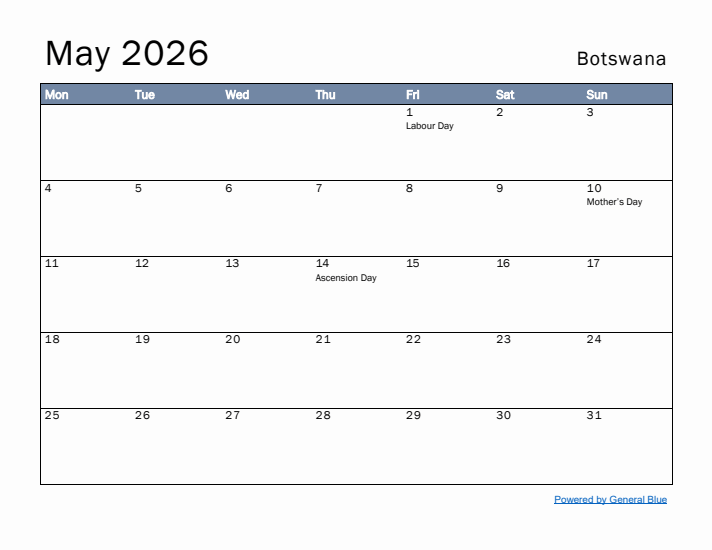 May 2026 Simple Monthly Calendar for Botswana