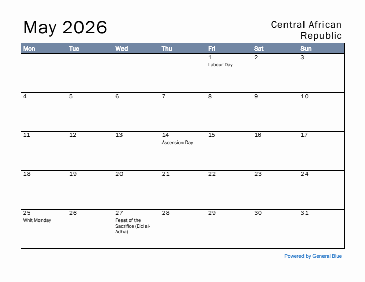 May 2026 Simple Monthly Calendar for Central African Republic