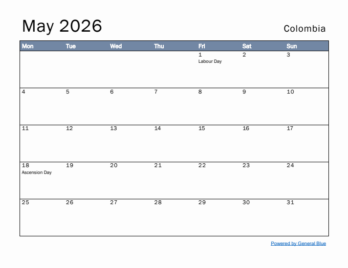 May 2026 Simple Monthly Calendar for Colombia