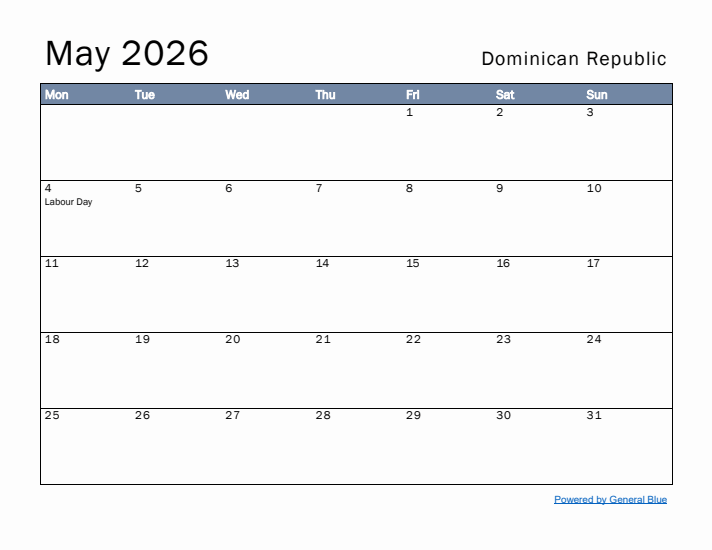 May 2026 Simple Monthly Calendar for Dominican Republic