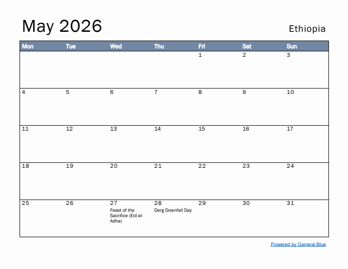 May 2026 Simple Monthly Calendar for Ethiopia