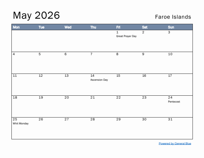 May 2026 Simple Monthly Calendar for Faroe Islands