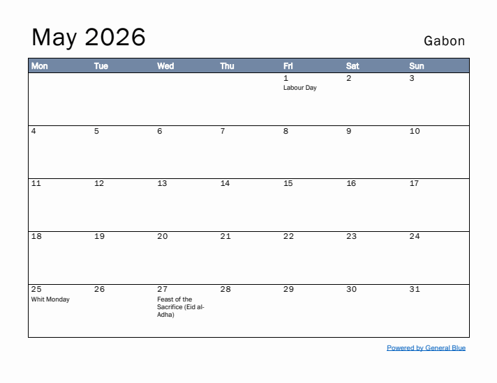 May 2026 Simple Monthly Calendar for Gabon