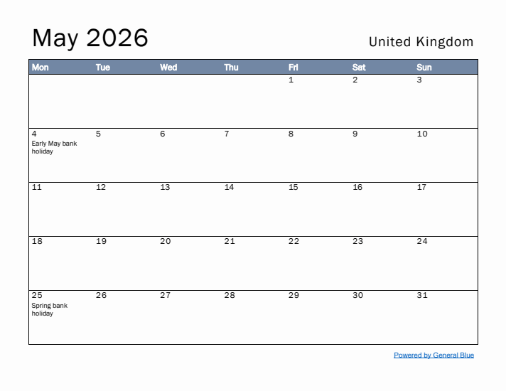 May 2026 Simple Monthly Calendar for United Kingdom