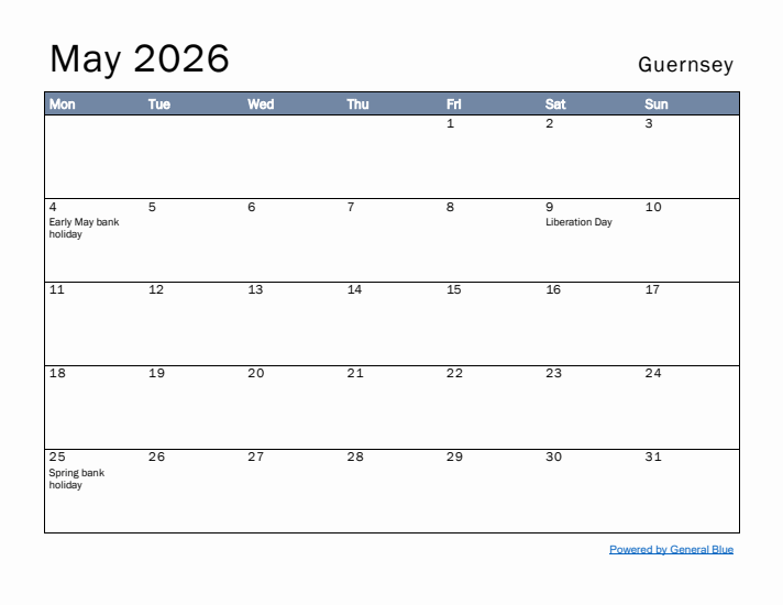 May 2026 Simple Monthly Calendar for Guernsey